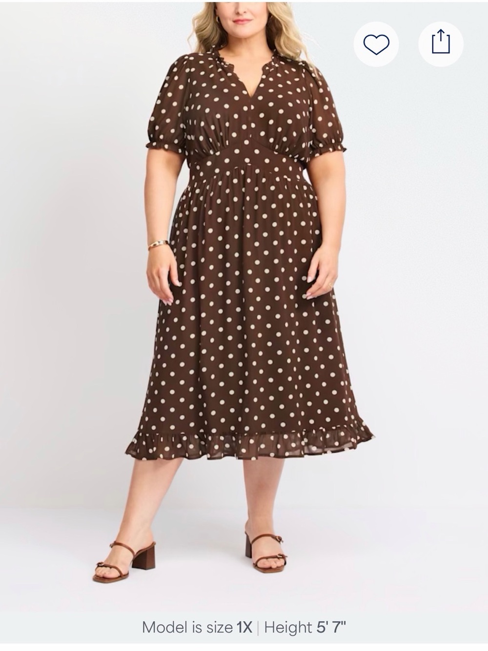 Plus Size Brown Polka Dot Midi Dress with V-Neck and Ruffle Hem